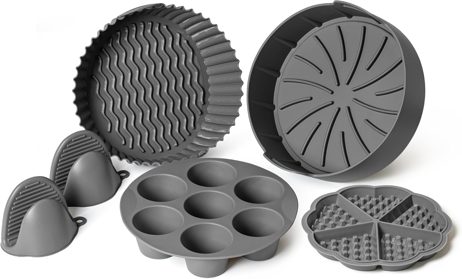 Non-Stick Silicone Air Fryer Liners Set - Reusable with Waffle & Egg Bite Mold - Heat-Resistant for 5-7 Qt Ninja, Cosori, Instant Pot