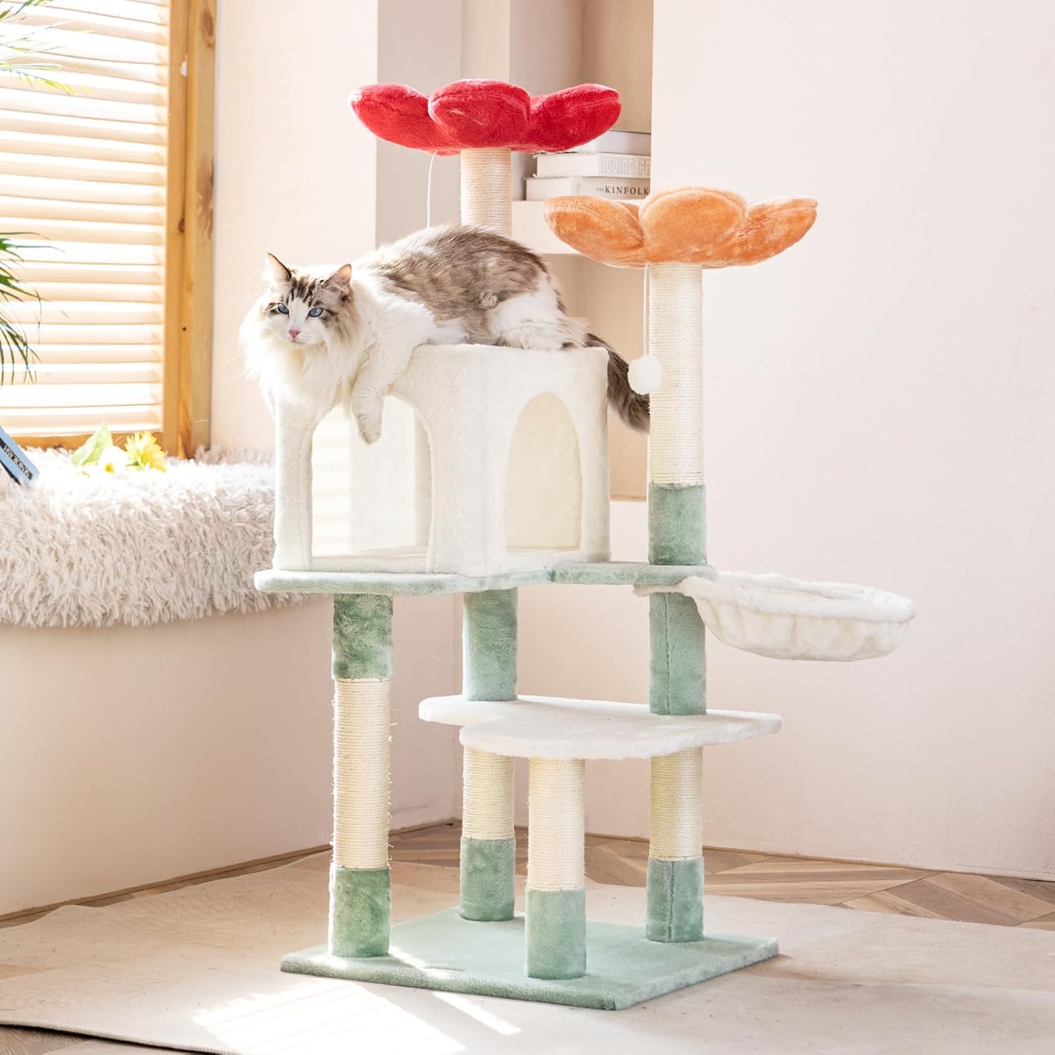 48-inch Modern Cat Tree with Hanging Basket & Flower Design