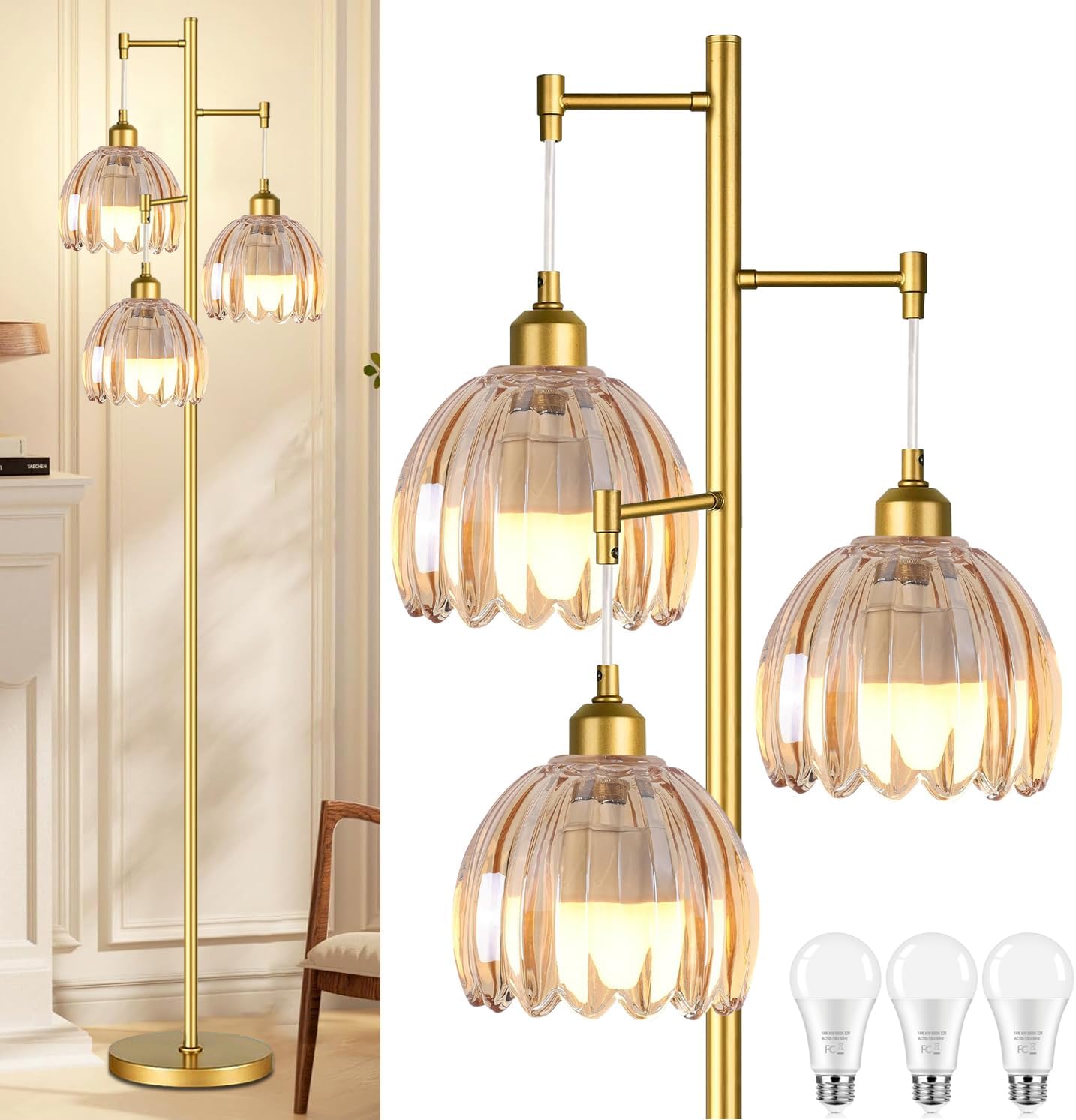 Gold Floor Lamp for Living Room and Bedroom with 3 Lights