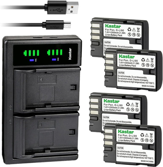 Kastar D-Li90 Battery 4-Pack with USB Charger for Pentax Cameras