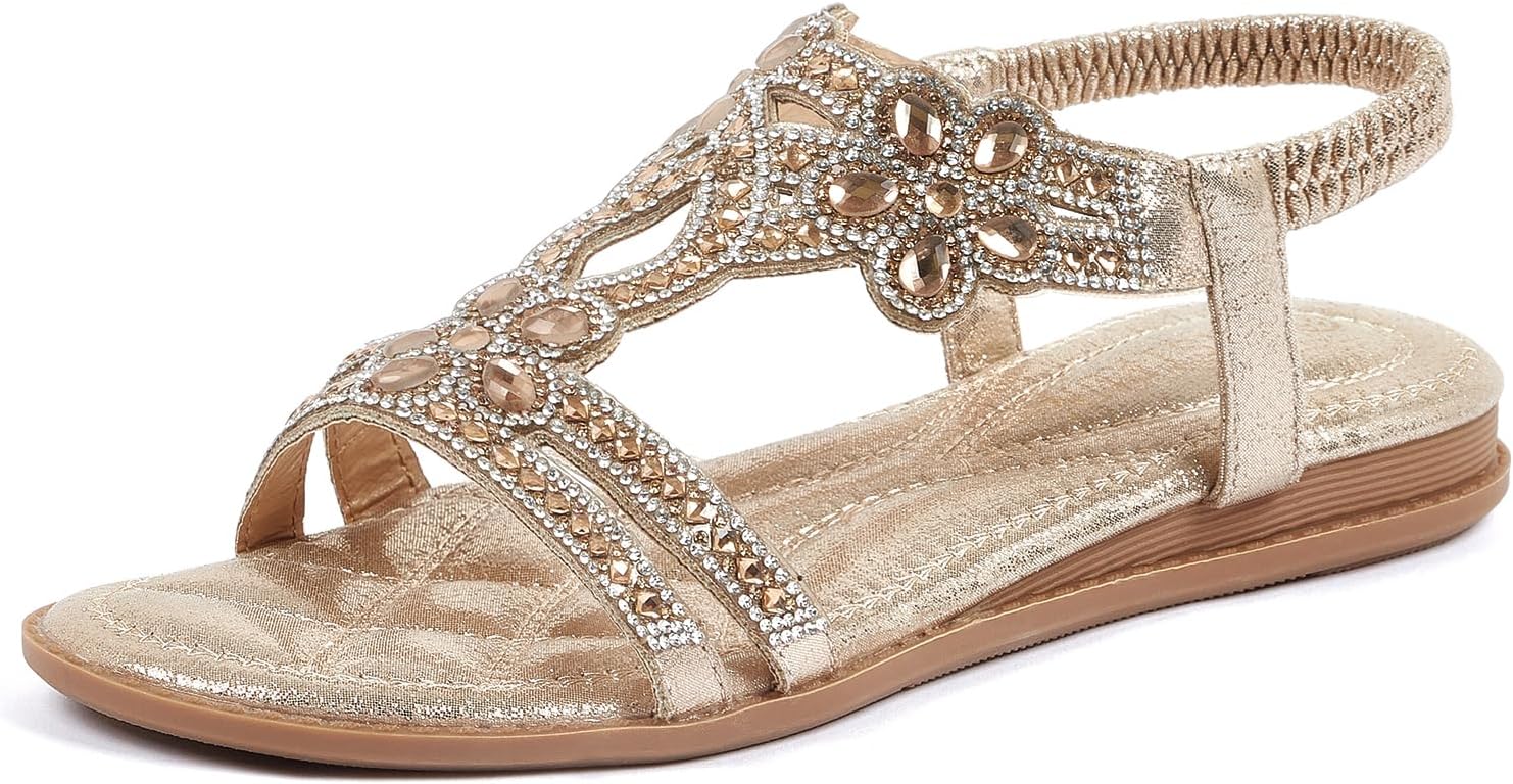 iCKER Women Rhinestone Sandals T-Strap Buckle Bohemian Style