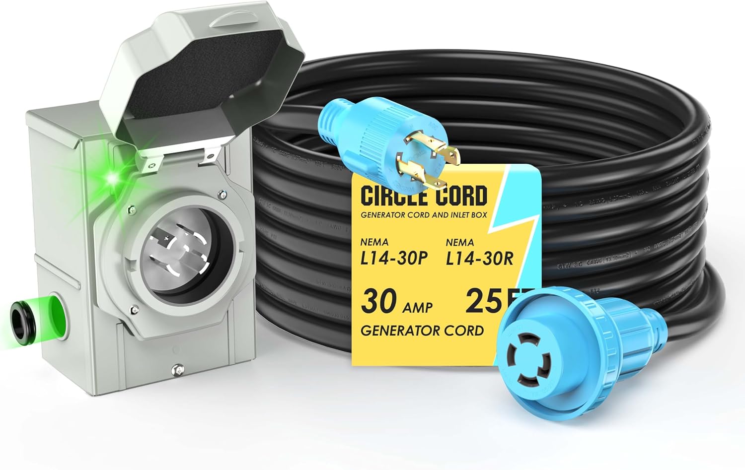 CircleCord 25 Feet 30 Amp Generator Extension Cord with Inlet Box