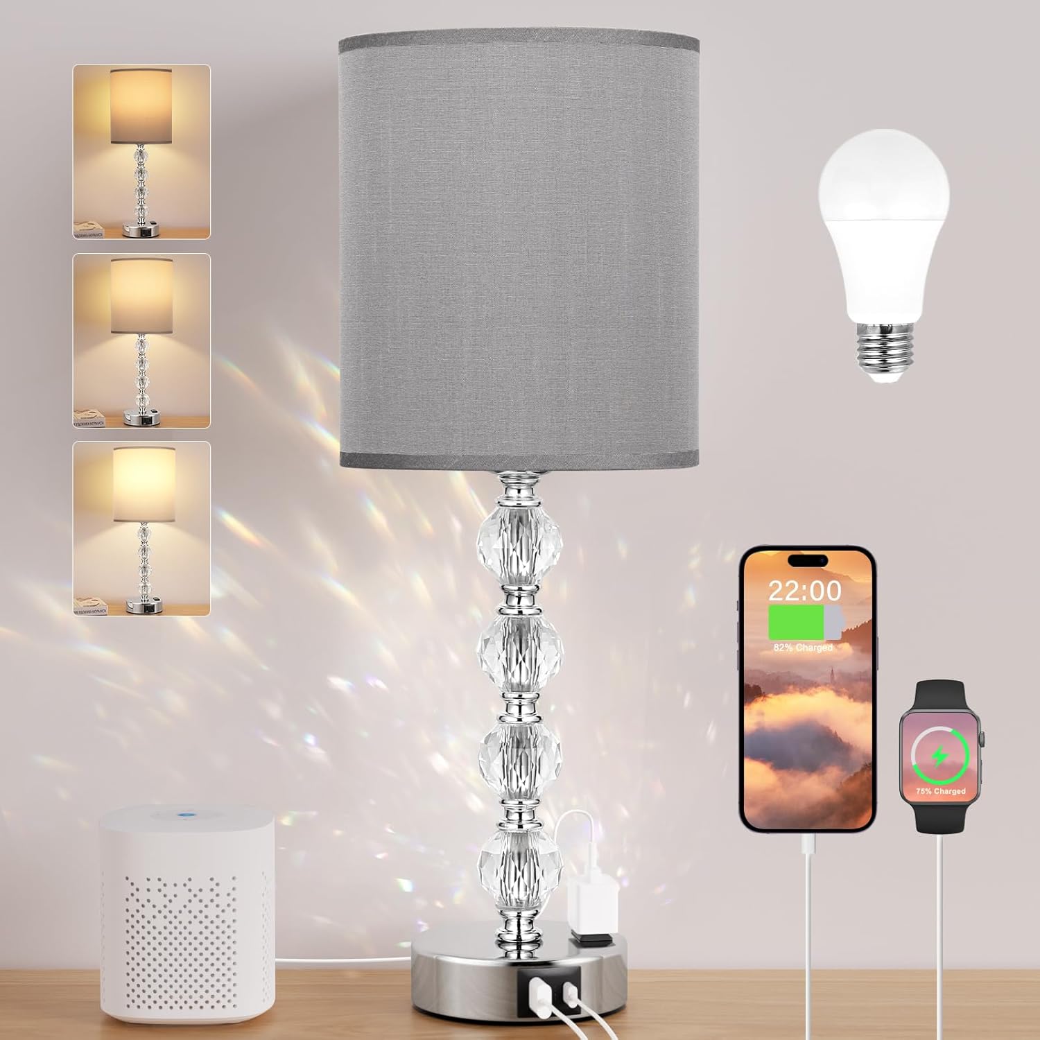 Touch Bedside Crystal Lamps with USB Ports for Any Room