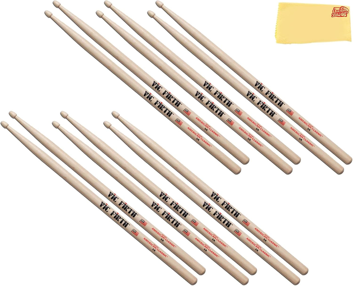 Vic Firth American Classic 5A Drumsticks - 6 Pack with Cloth