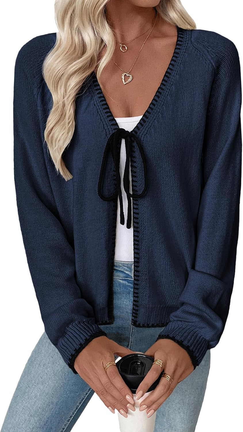 Trendy V Neck Long Sleeve Open Front Cardigan for Women