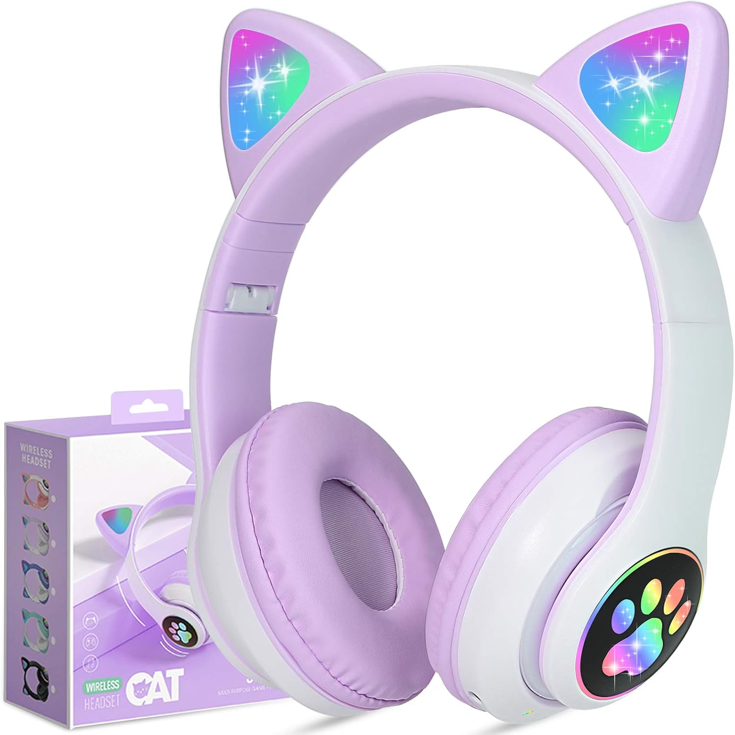 Cat Ear LED Wireless Headphones - Safe Volume, Noise Cancelling