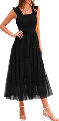 Women's Tulle Midi Sundress Smocked Ruffle Flowy Midi Dress