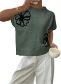 Womens Ribbed Floral Knit Short Sleeve Sweater - Loose Fit Crew
