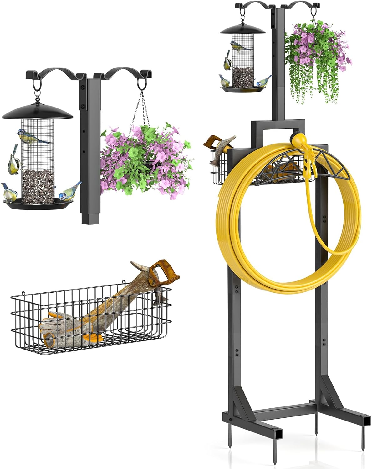 Garden Hose Holder Freestanding with Storage Basket & Hooks