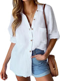 Womens Linen Button Down Shirt Casual Long Sleeve - Lightweight Work