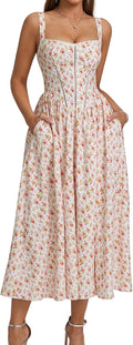 KUTUMAI Floral Corset Midi Dress Flowy Slit Sundress (Style KVCW)