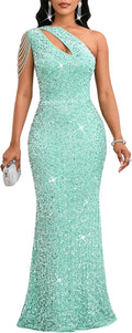 Sequin One Shoulder Tassel Mermaid Bodycon Dress - Elegant Cocktail