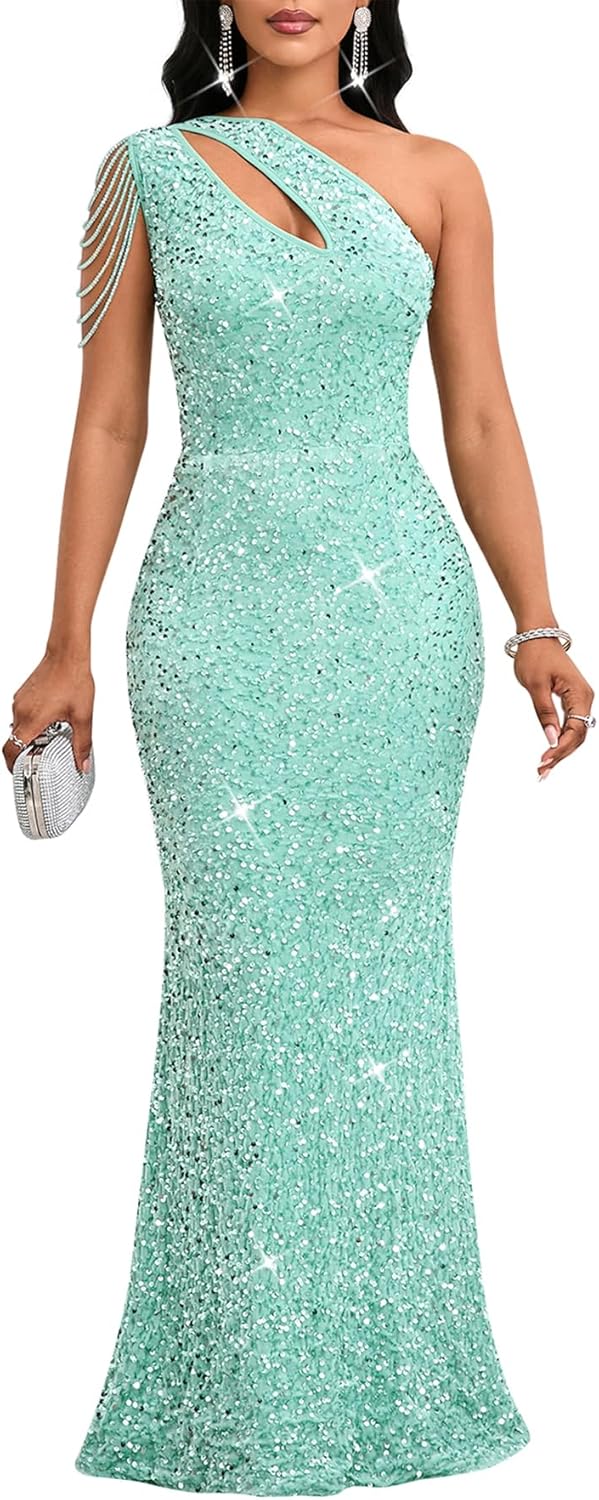 Cololura Women Sequin One Shoulder Mermaid Bodycon Dress