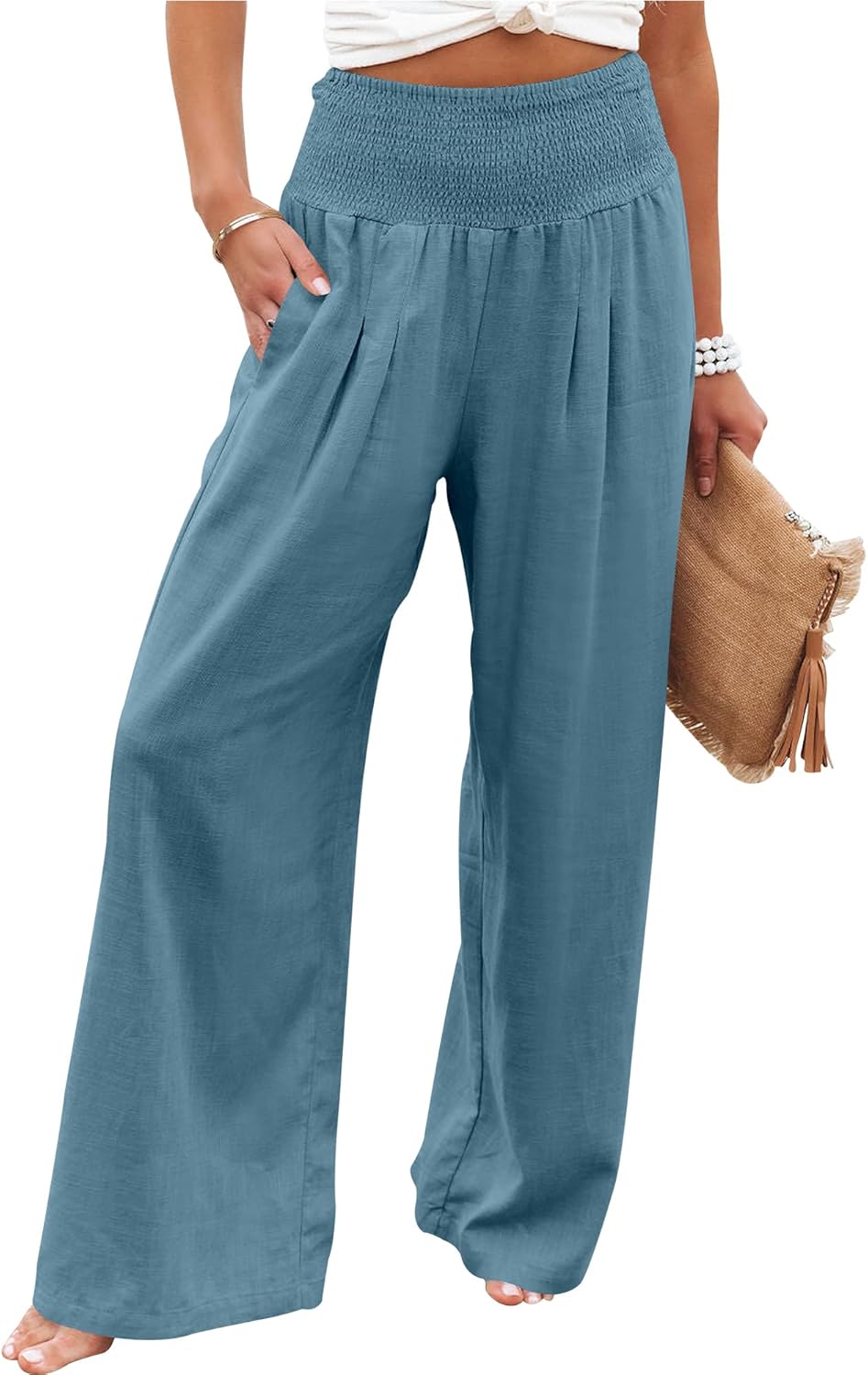Linen Palazzo Pants for Women - Boho Wide Leg High Waist Style
