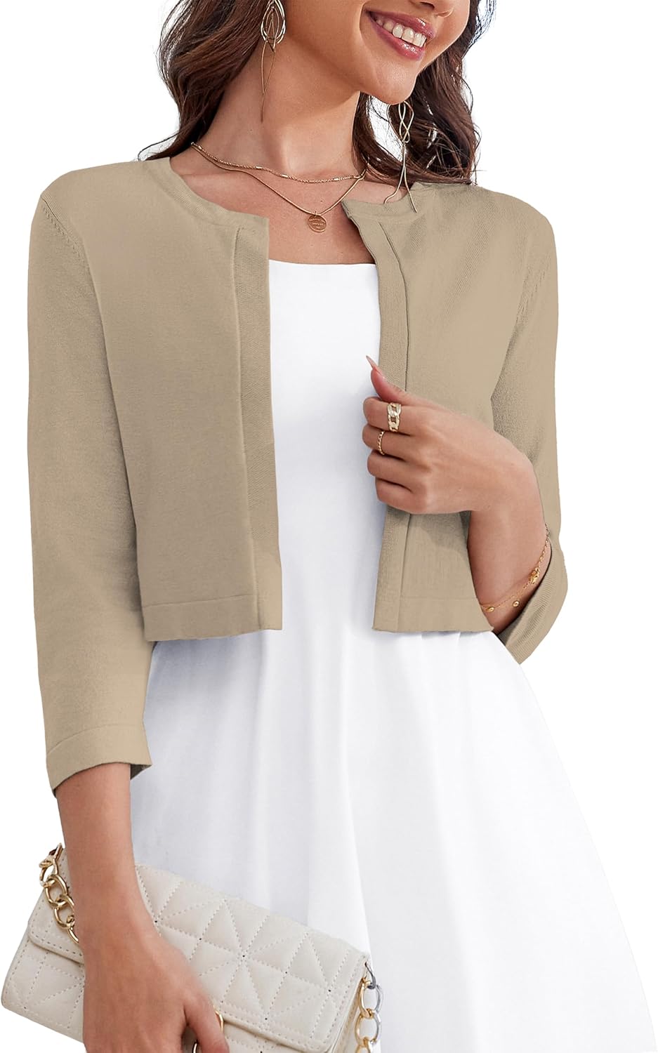 Stylish Women's 3/4 Sleeve Open Front Knit Cropped Cardigan