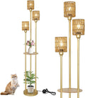 Boho Floor Lamp with Shelves, 3-Lights Rattan Standing Lamp - Warm