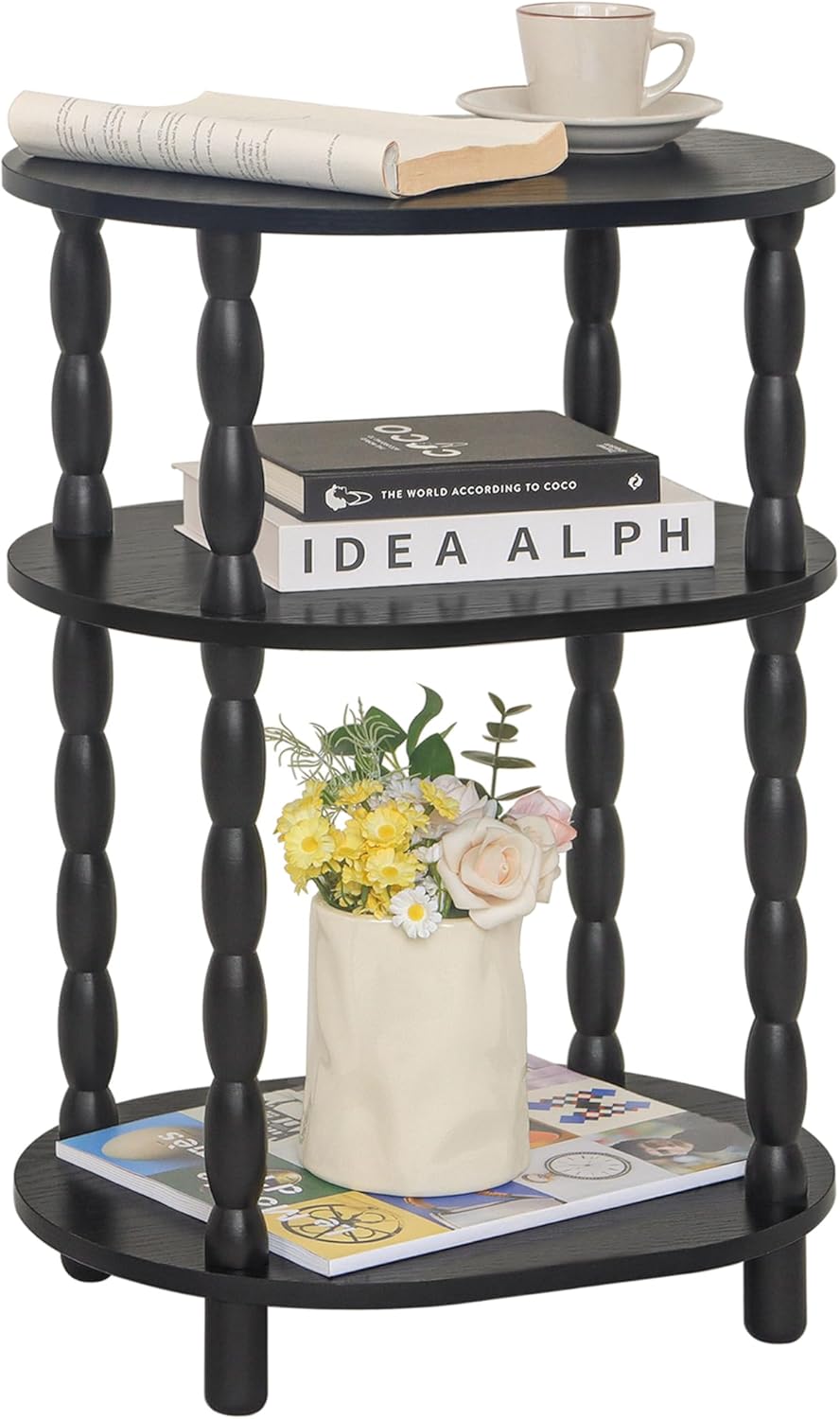 MaxSmeo Black Side Table: Modern 3-Tier Oval End Table