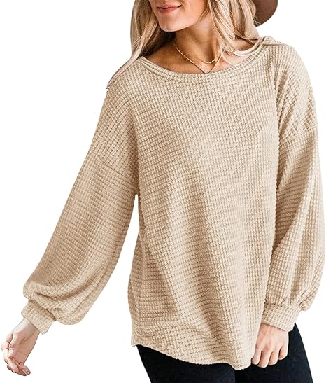 MEROKEETY Womens Long Balloon Sleeve Waffle Knit Oversized Sweater