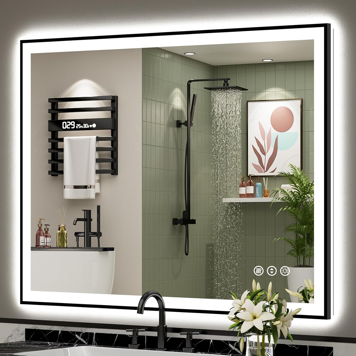 48x40 Black Framed LED Bathroom Mirror with Lights and Anti-Fog