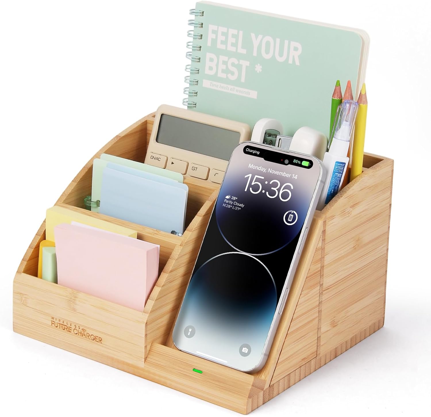 Bamboo Pen Holder & Wireless Charger for Desk Organizer