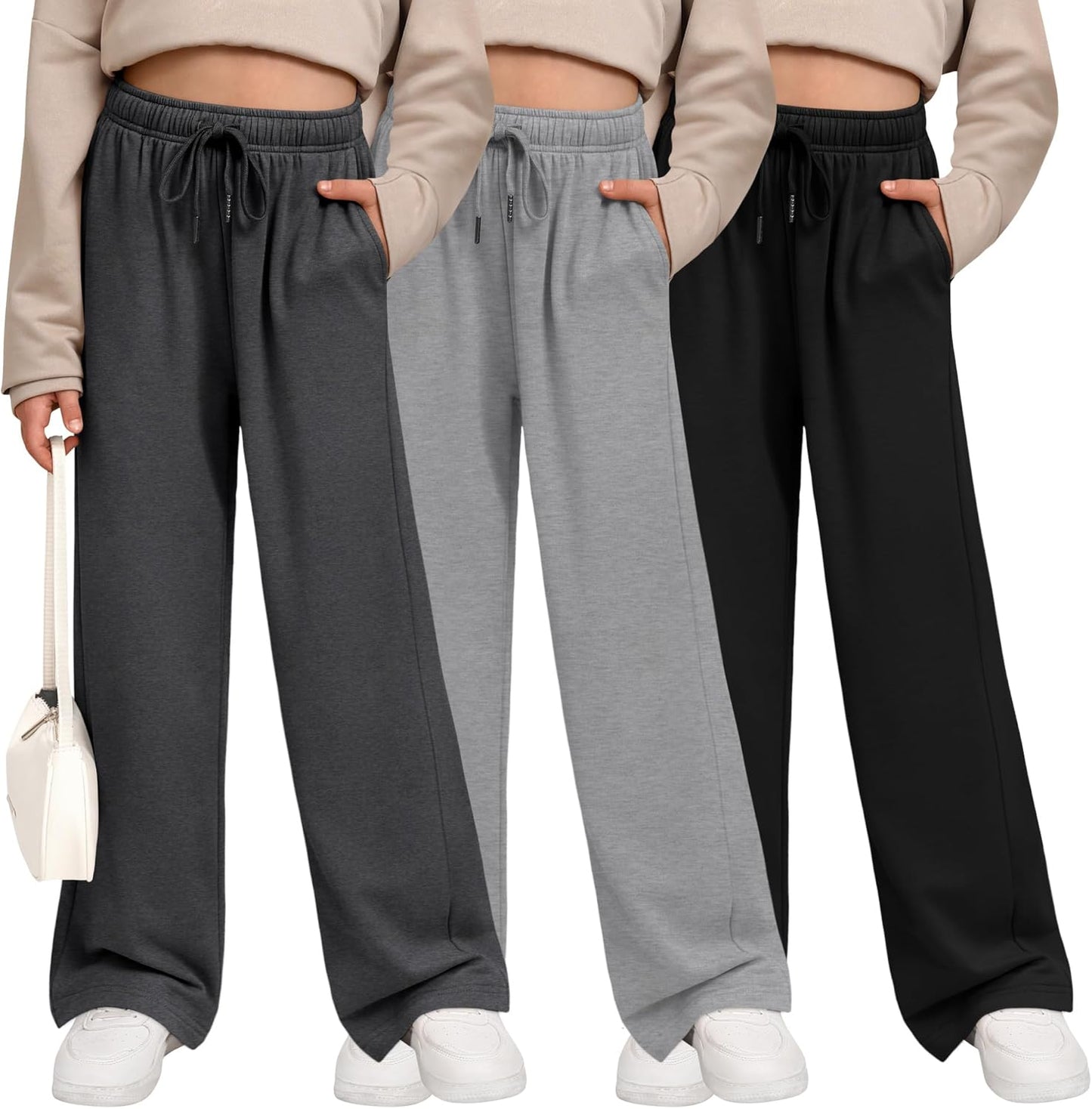 3 Pack Girls' Sweatpants Wide Leg Casual Joggers with Pockets