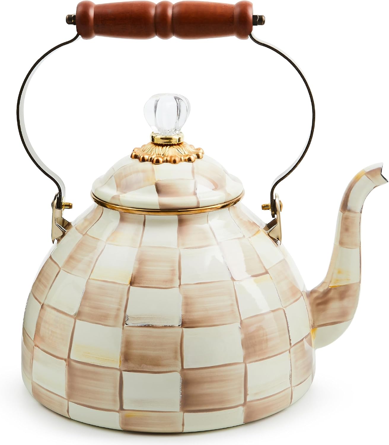 Stylish Enamel Tea Kettle for Stovetop, 3 Quarts, Mocha Check