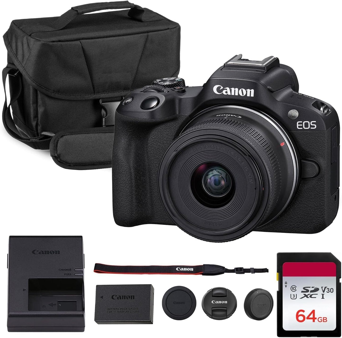 Canon EOS R50 Mirrorless Camera Kit with 18-45mm Lens and More