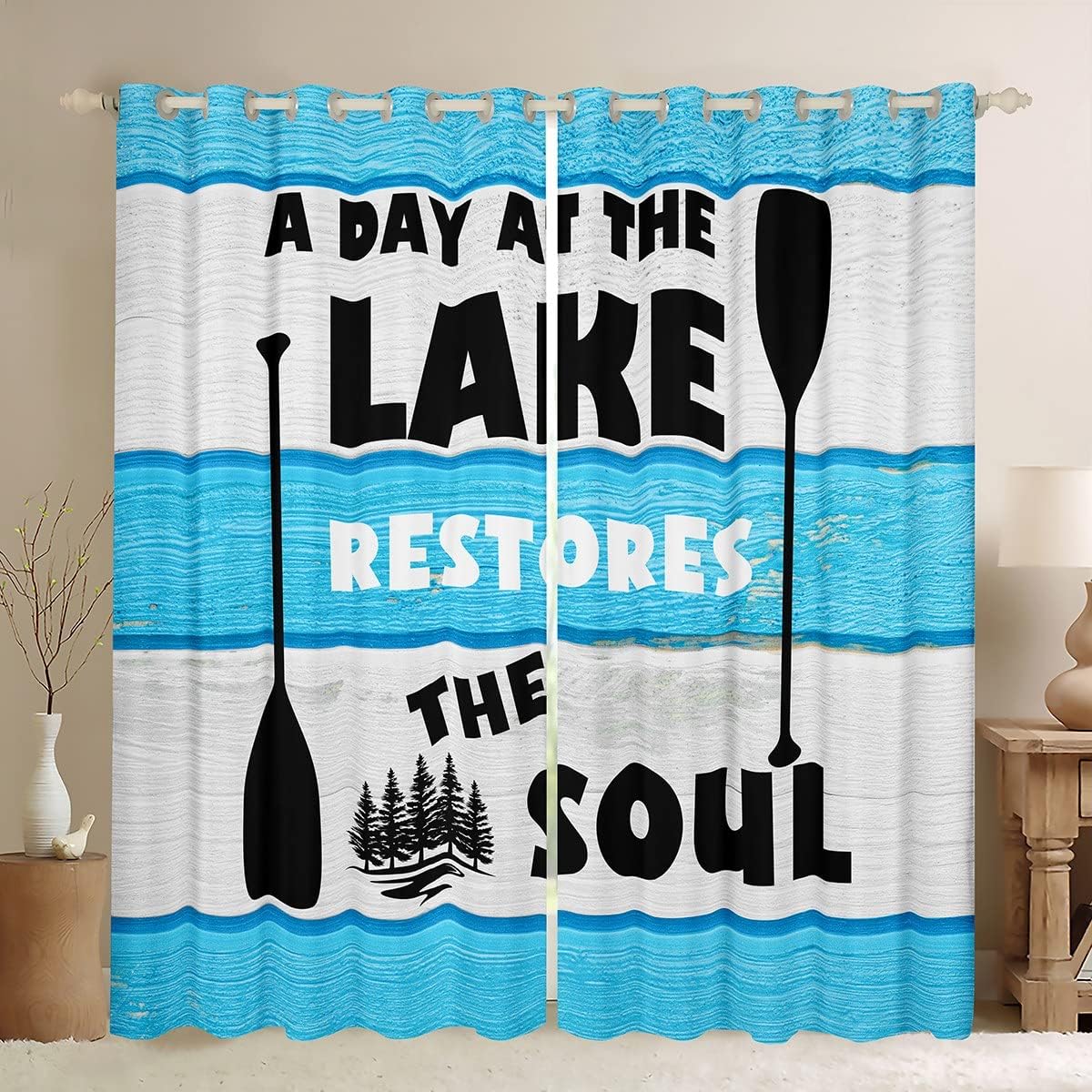 Rustic Lake House Blackout Curtains - Blue/White 52x63 - Erosebridal
