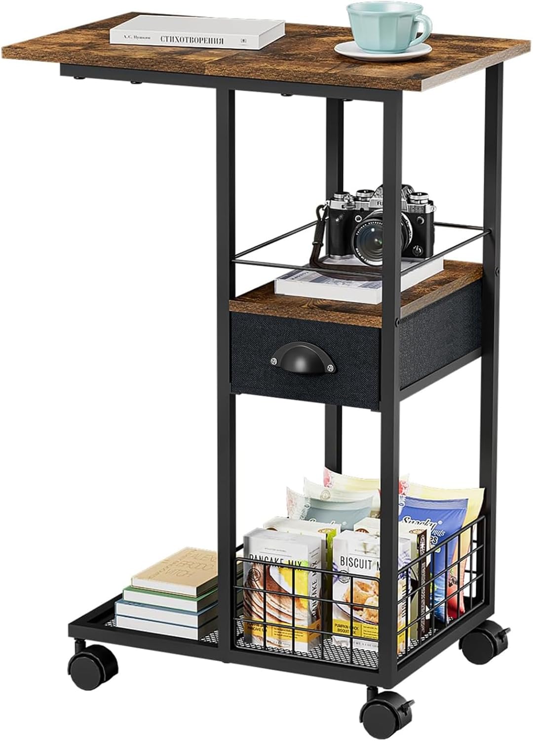 C-Shaped Sofa Side Table: Drawer & Wheels - 19.7''L - Sonyabecca