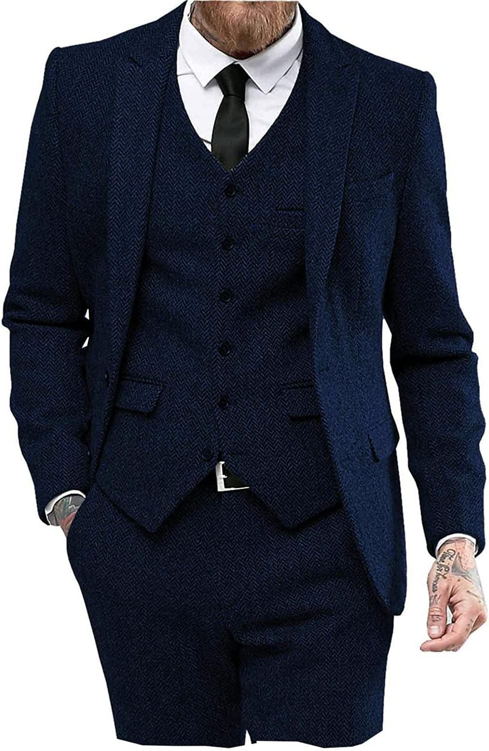 Mens Tweed Herringbone Wedding Suit Prom Tuxedos 3 Piece Set