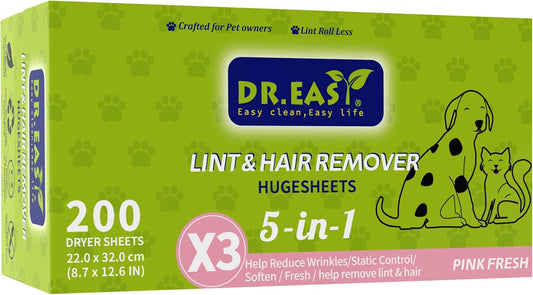 200-Count Dr. Easy Pet Hair Remover HUGESHEETS - 3X Dryer Sheets, Pink Fresh