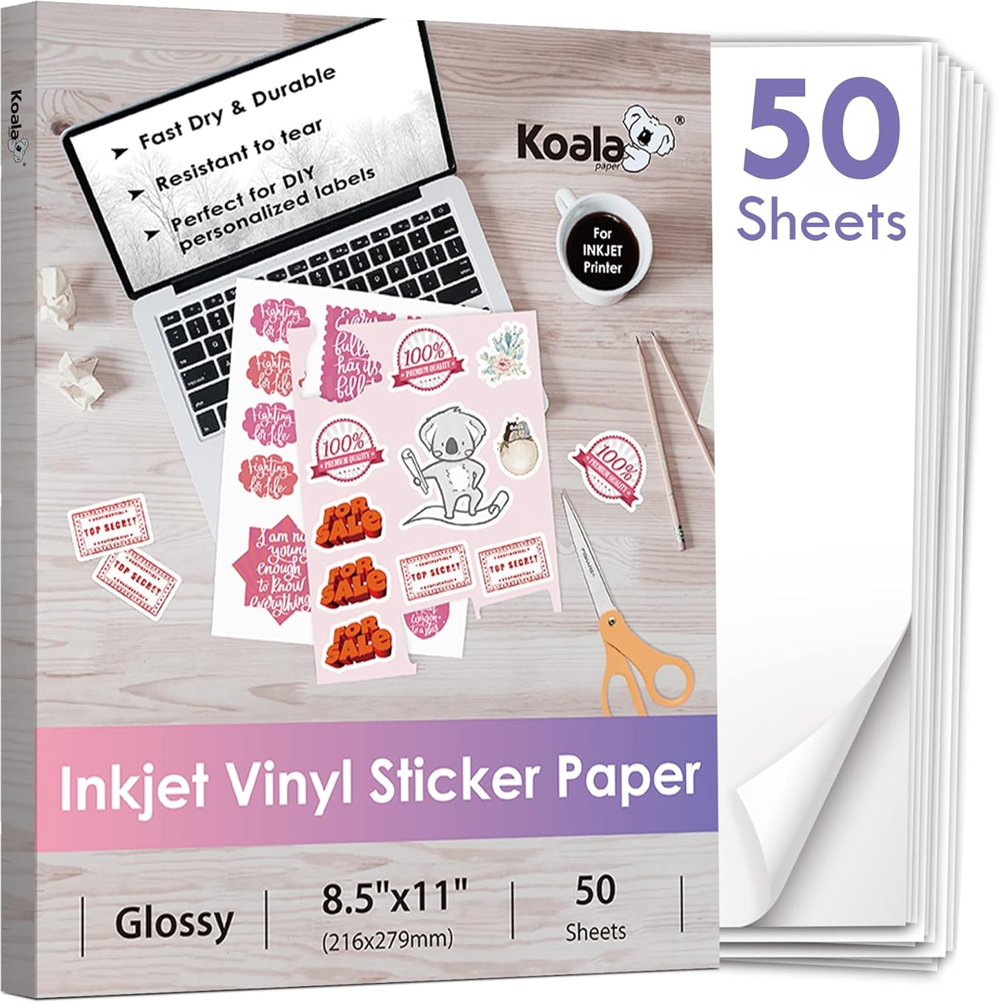 Waterproof White Glossy Sticker Paper by Koala Paper - Tear-Resistant & Removable