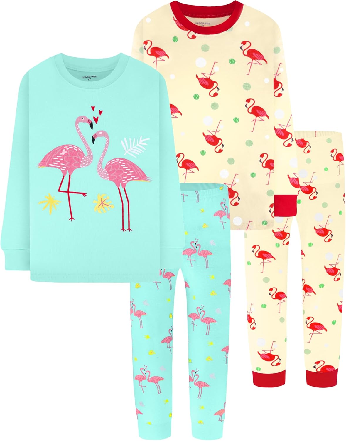 Girls 4 Pieces Cotton Pajamas Set for Ages 18 Months to 12 Years