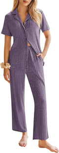 Ekouaer Womens Rib Knit Pajamas Button Up Lounge Set - Soft, Stretchy