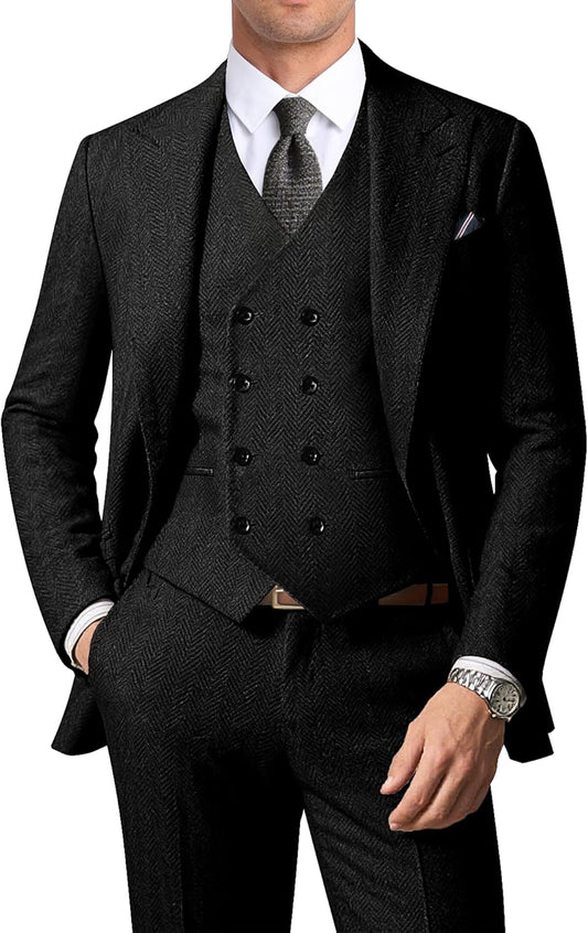 Men's Herringbone Tweed Suit Set for Weddings and Prom Events