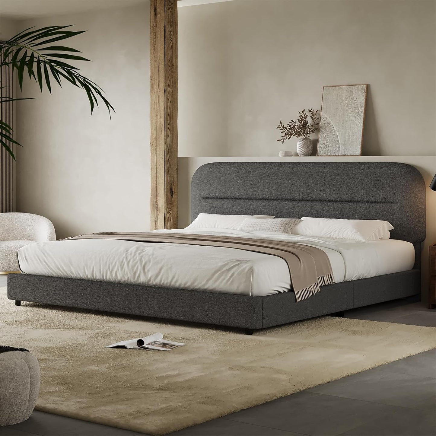 HOMBCK King Size Bed Frame with Boucle Upholstered Design