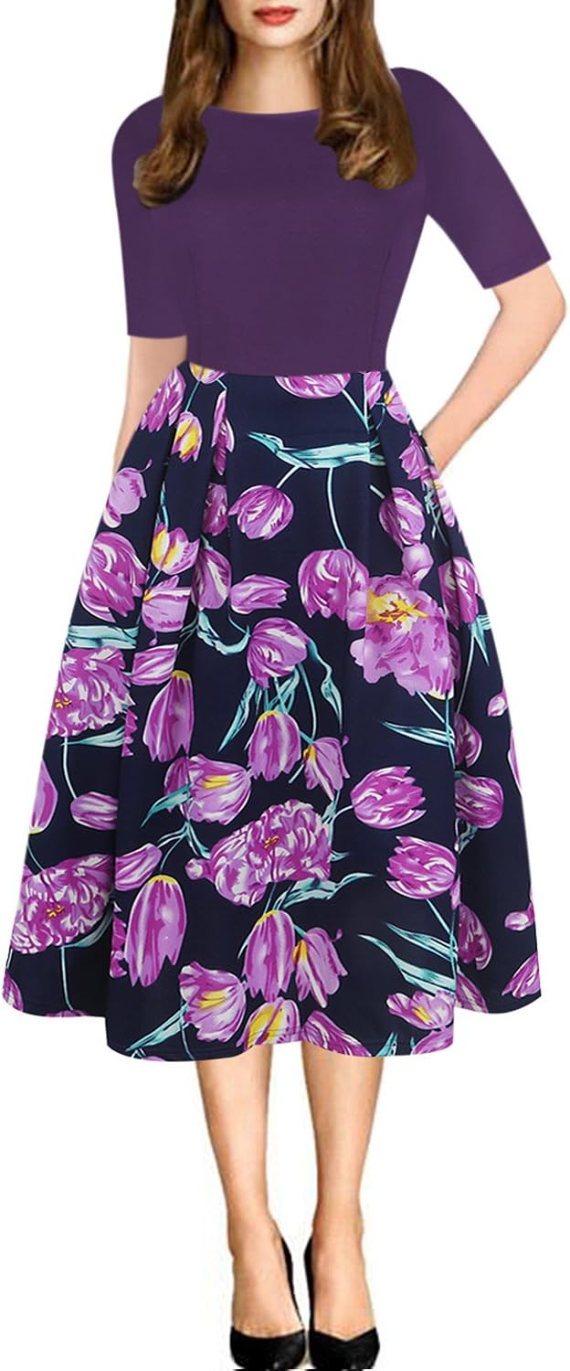 Oxiuly Women's Vintage Patchwork Pockets Swing Dress Review