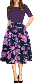 Women's Vintage Patchwork Puffy Swing Dress - Pockets & Hepburn Style