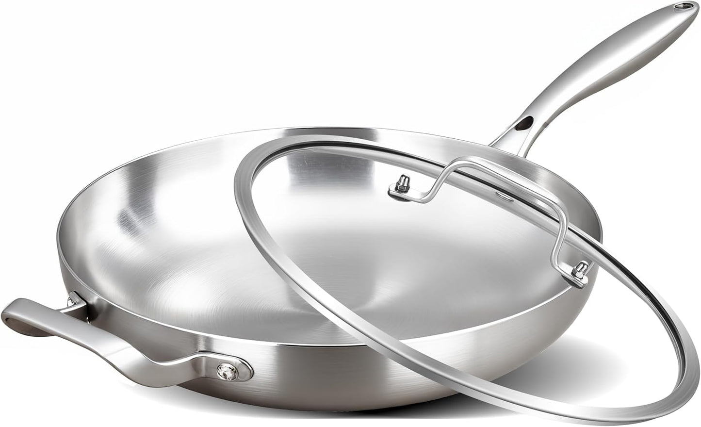 12 Inch Tri-Ply Stainless Steel Frying Pan with Lid and Handle