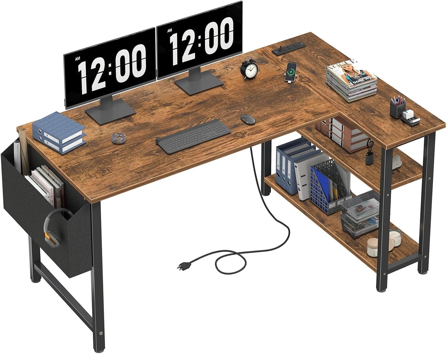 L Shaped Computer Desk with Power Outlet for Home Office