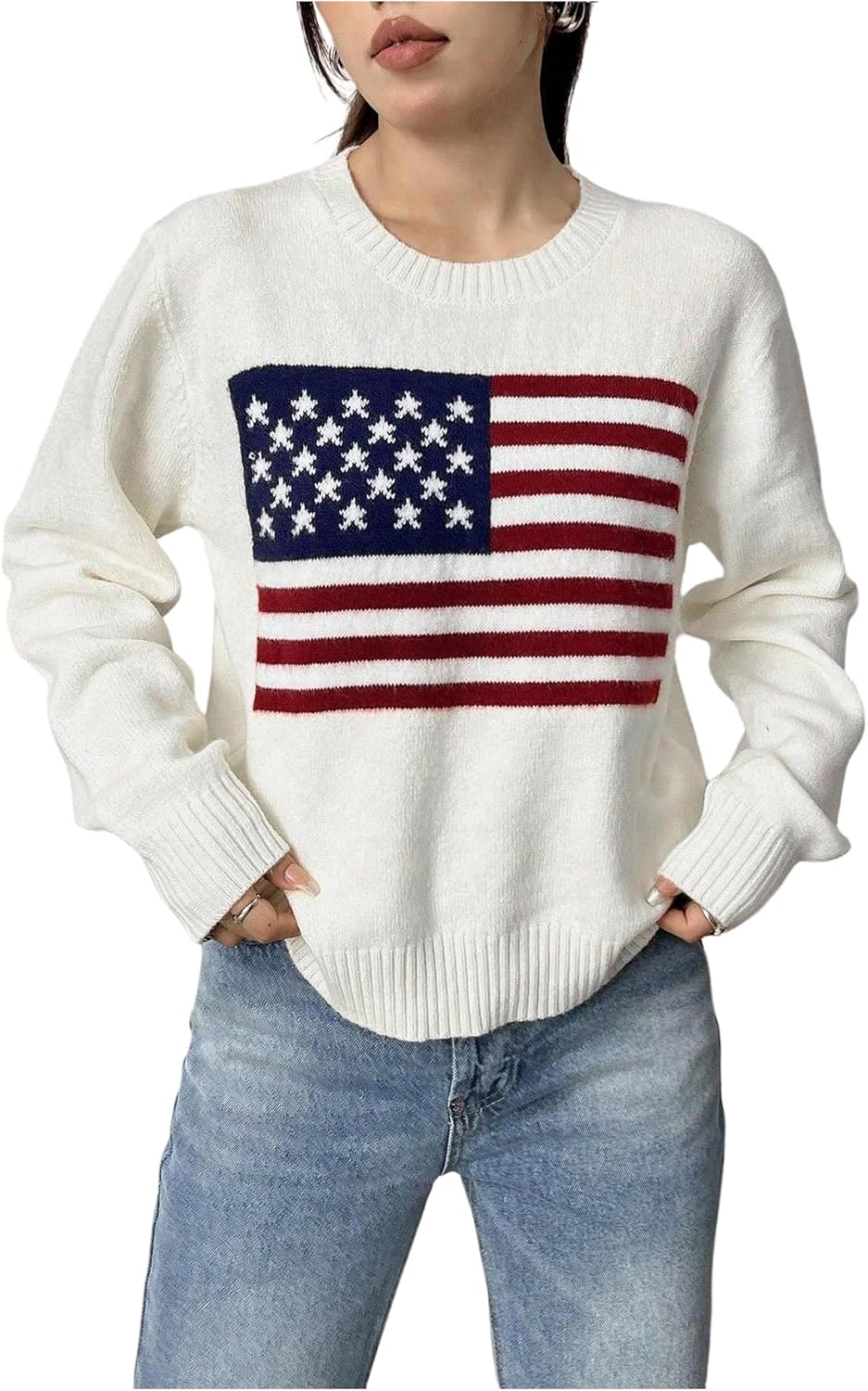 SweatyRocks Women's Flag Pattern Long Sleeve Pullover Sweater