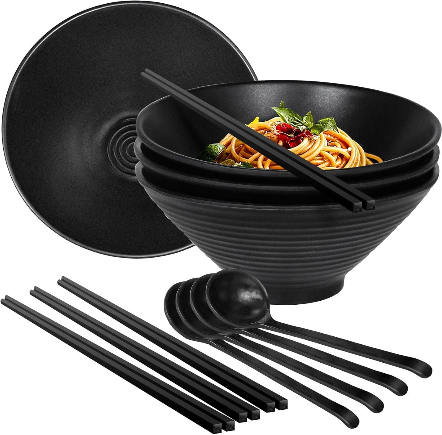 Set of 4 Large Melamine Ramen Bowls with Spoons and Chopsticks