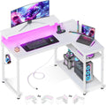 White L Shaped Gaming Desk with Power Outlet and LED Lights - Compact