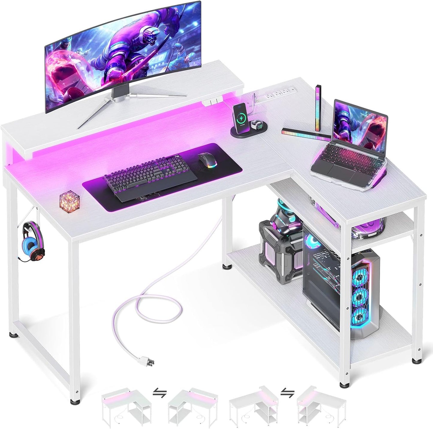MOTPK White L Shaped Gaming Desk with Power Outlet & LED Lights