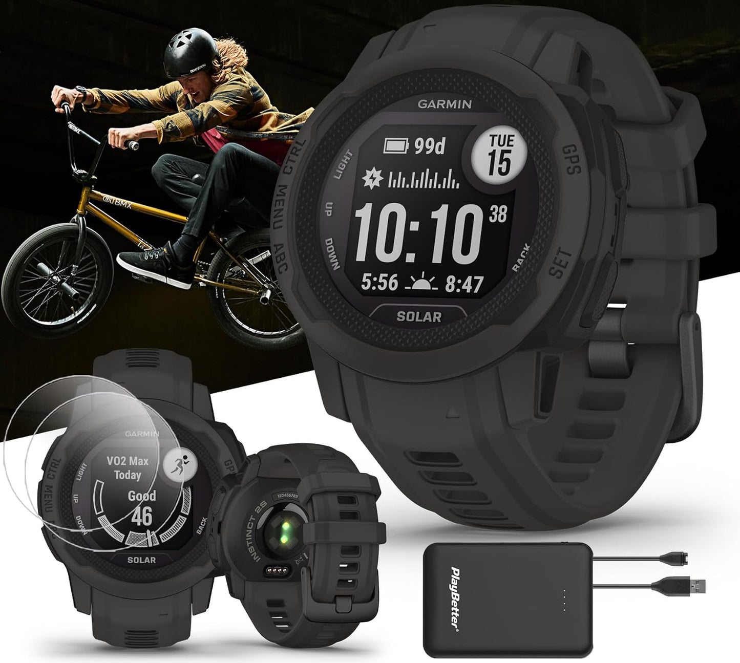 Garmin Instinct 2S Solar Bundle - Rugged GPS Smartwatch with Multi GNSS