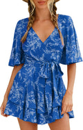 Womens Summer Floral V Neck Romper with Waist Tie - Flowy Ruffle Hem