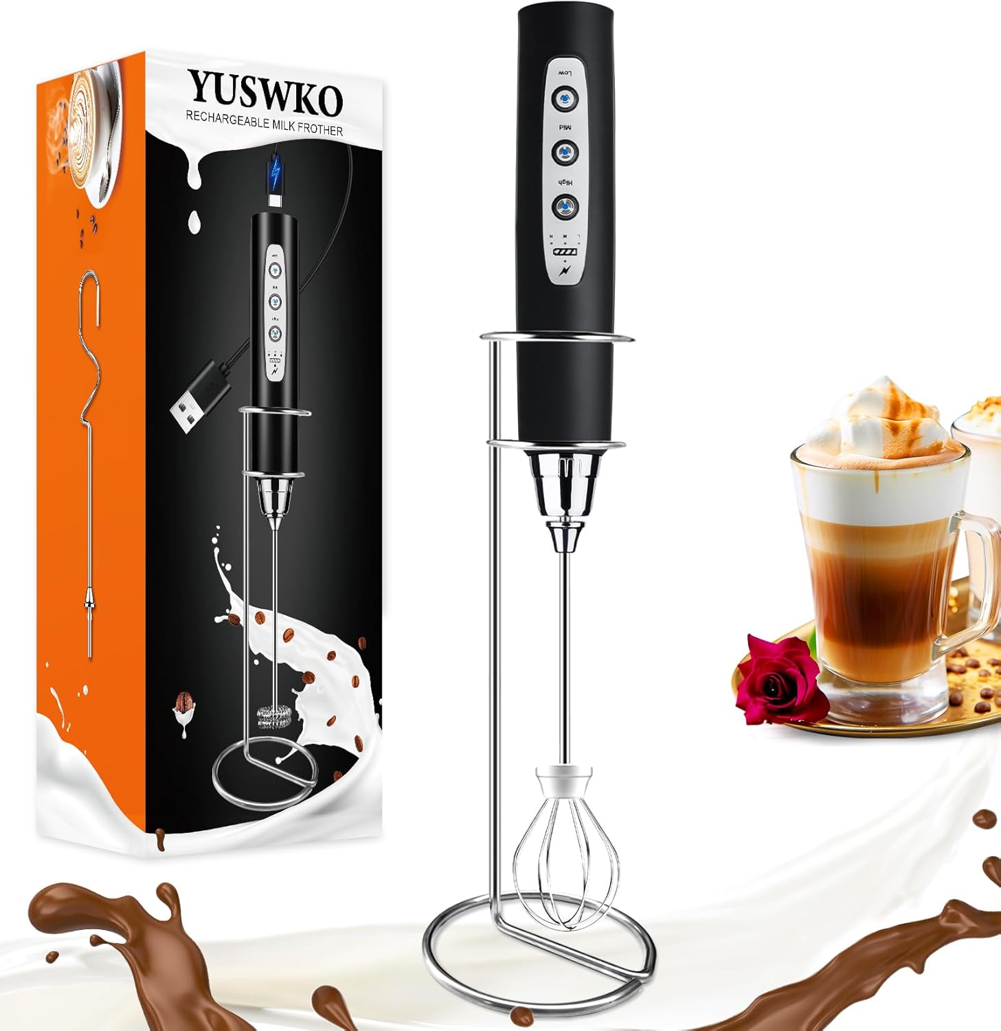 YUSWKO Rechargeable Milk Frother Wand: 3 Heads, 3 Speeds