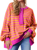 Tankaneo Womens Oversized Striped Sweatshirts Henley Shirt - Cozy in