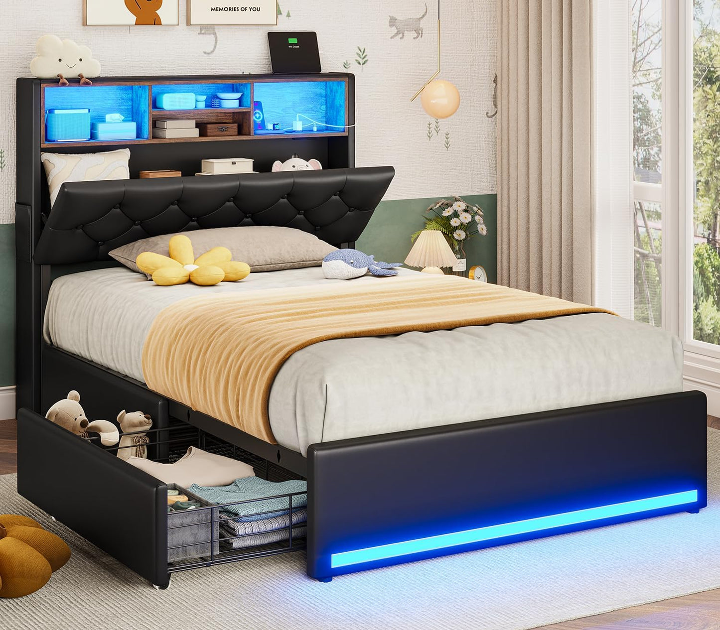 Twin Bed Frame with Headboard & 4 Drawers, LED Lights & Storage