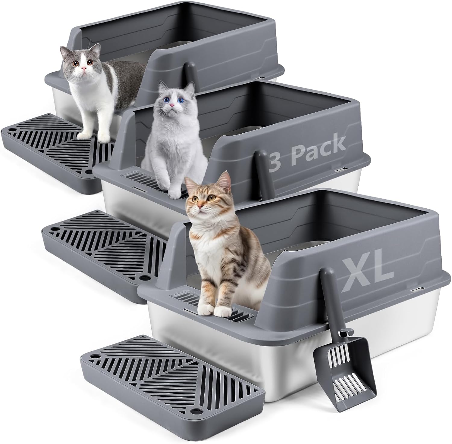 Extra Large Stainless Steel Cat Litter Box with Scoop & Filter